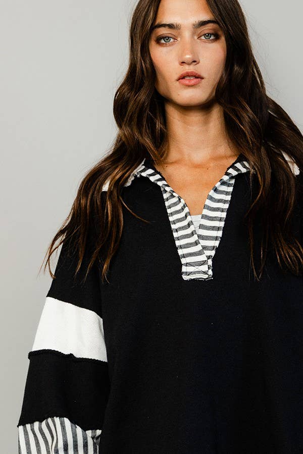 BUCKETLIST - T2004 -French Terry Knit Color-block Collared Loose Fit Top: S-M-L (2-2-2) / IVORY/NAVY