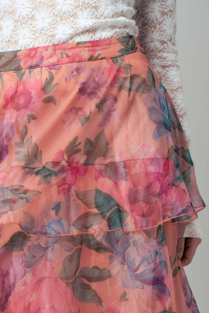 Sheer Floral Print Tiered Organza Maxi Skirt