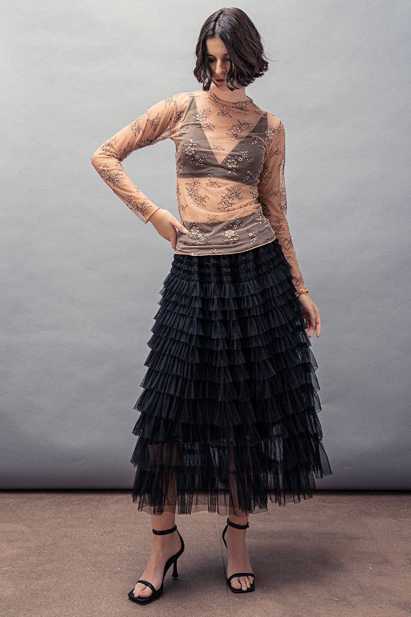 Urban Daizy - Tiered Tulle Midi Skirt with Romantic Ruffles