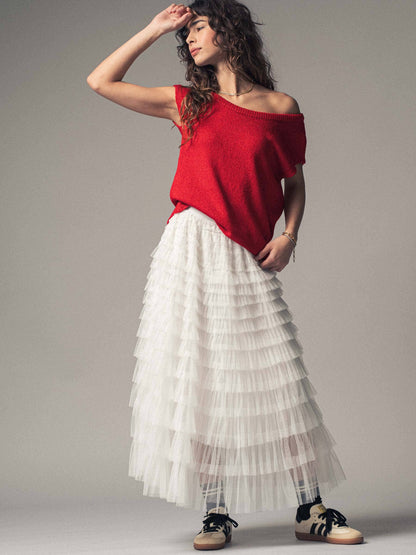 Urban Daizy - Tiered Tulle Midi Skirt with Romantic Ruffles