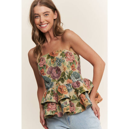 Sweet Generis - VINTAGE FLORAL PRINT WOVEN PEPLUM TIERED TUBE TOP