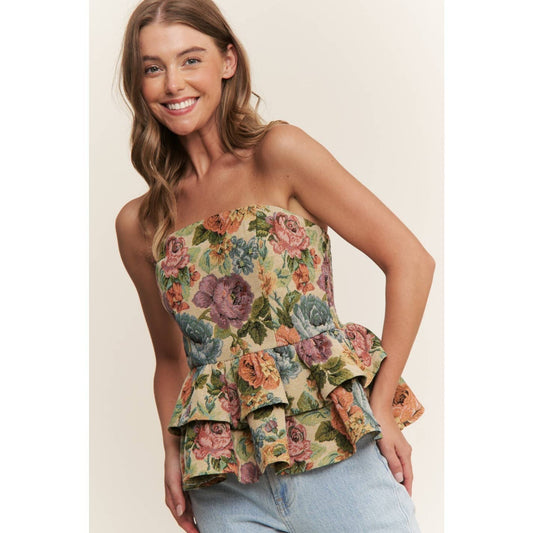 Sweet Generis - VINTAGE FLORAL PRINT WOVEN PEPLUM TIERED TUBE TOP