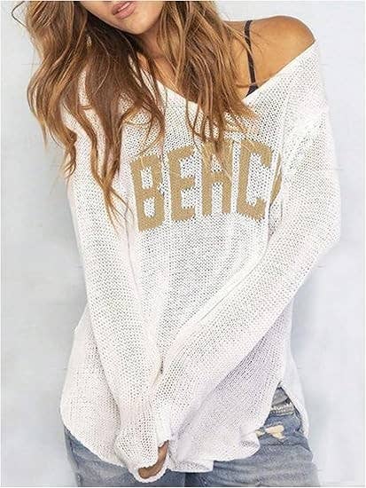 Rosa Clothing - "Beach" Letter Print V-Neck Hollow Knit Blouse