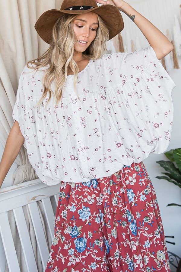 BUCKETLIST - (SALE) T1266-1E Print Pleated Dolman sleeves Top: WHITE/BURGUNDY / S-M-L (2-2-2)
