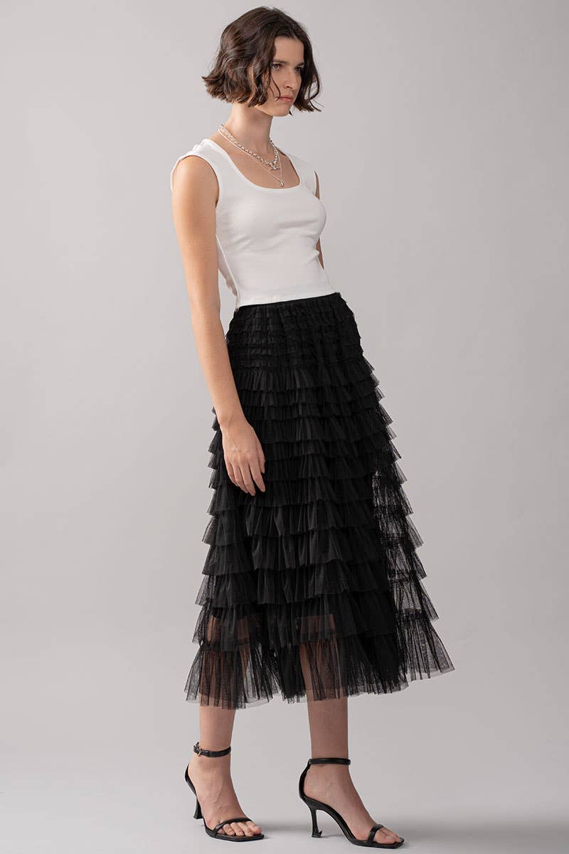 Urban Daizy - Tiered Tulle Midi Skirt with Romantic Ruffles
