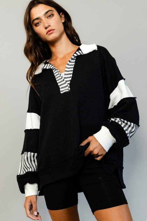 BUCKETLIST - T2004 -French Terry Knit Color-block Collared Loose Fit Top: S-M-L (2-2-2) / TAUPE/CREAM