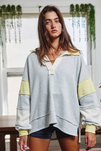 BUCKETLIST - T2004E French Terry Color-block Collared Loose Fit Top: YELLOW/BABYBLUE / S-M-L (2-2-2)