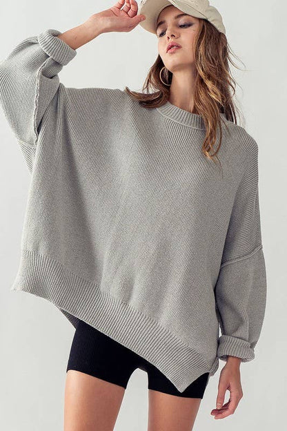 OVERSIZED SIDE SLIT CREW NECK COZY SWEATER: PISTACHIO / S-2/M-2/L-2