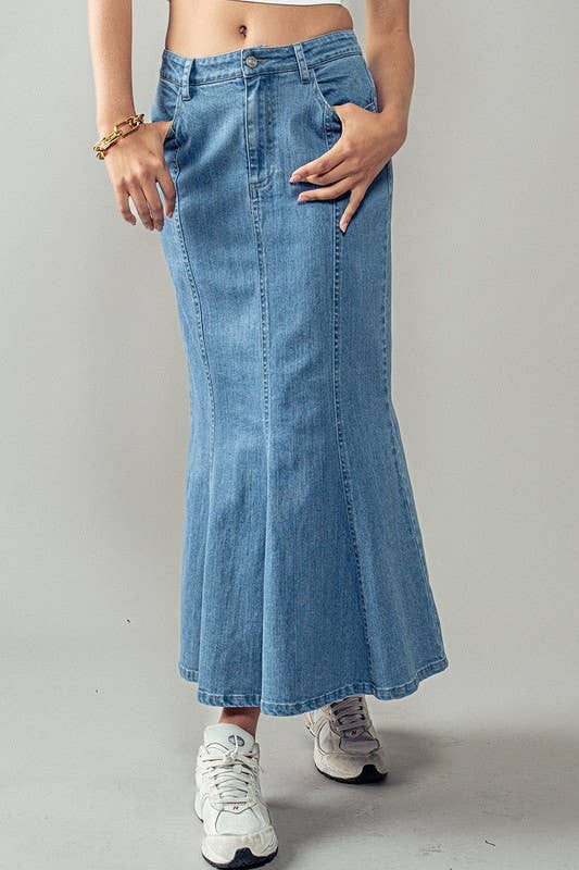 Urban Daizy - Wave Away Panel Midi Skirt: DENIM / S-2/M-2/L-2