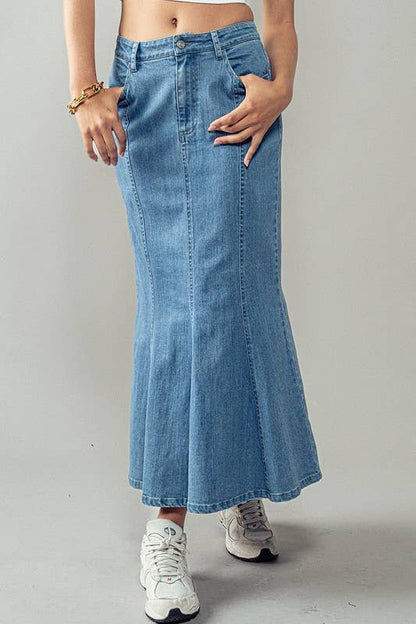 Urban Daizy - Wave Away Panel Midi Skirt: DENIM / S-2/M-2/L-2