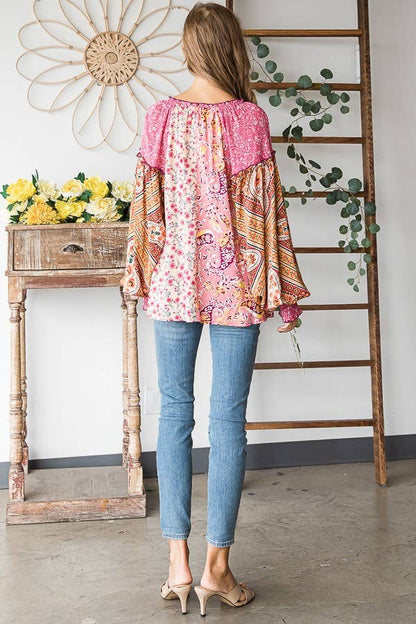 Oli&Hali - BUTTON FRONT PRINT MIXED BLOUSE - JT0191: PINK / M