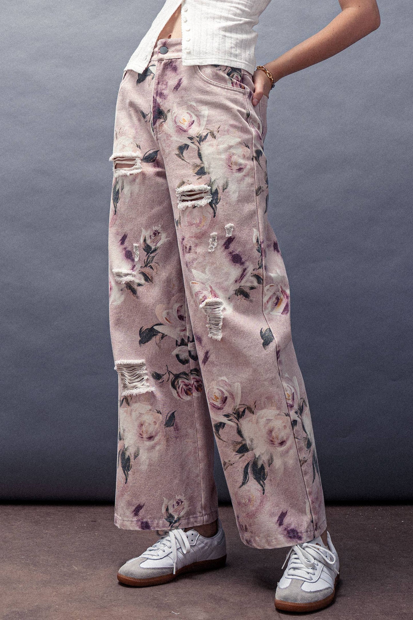 Urban Daizy - Romantic Rose Print High-Rise Denim Pants