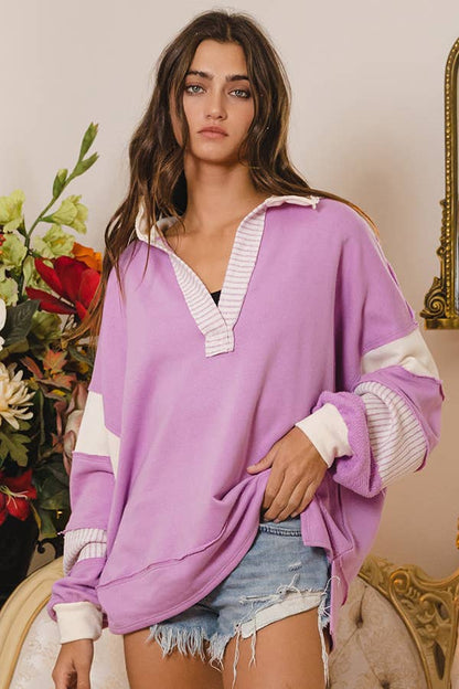 BUCKETLIST - T2004 -French Terry Knit Color-block Collared Loose Fit Top: S-M-L (2-2-2) / IVORY/NAVY