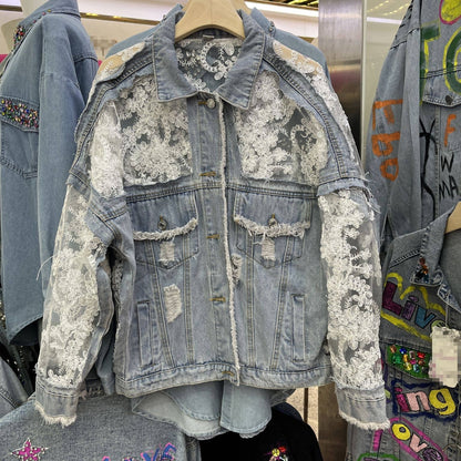 Rosa Clothing - Sheer Floral Lightweight Embroidered Lace Denim Jacket