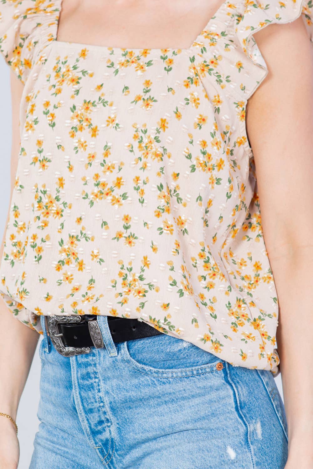 Orange Farm Clothing - Swiss Dot, Flower Print Ruffle Sleeve Top: LARGE / Pink Combo