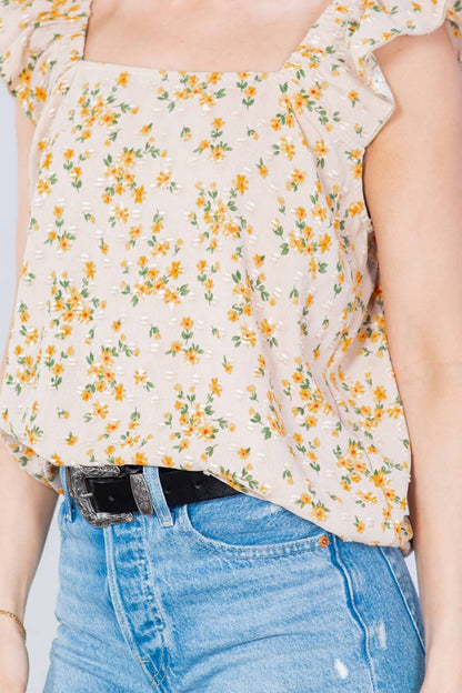 Orange Farm Clothing - Swiss Dot, Flower Print Ruffle Sleeve Top: X-LARGE / Taupe Combo