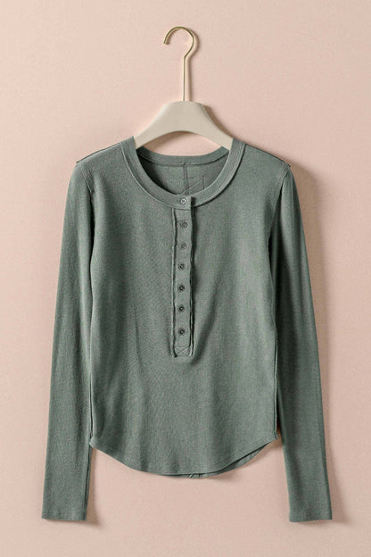 Ribbed Henley Long Sleeve Top