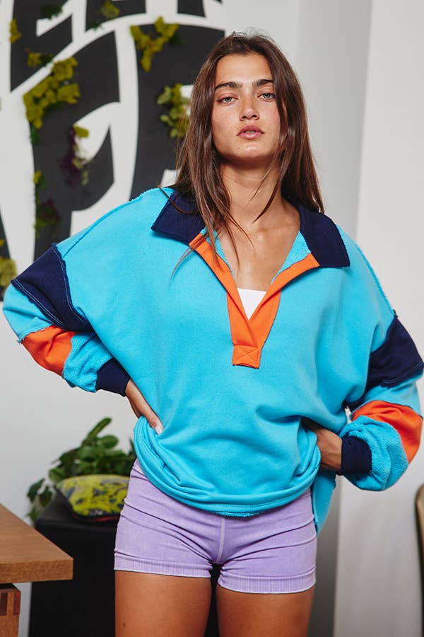 BUCKETLIST - T2004E French Terry Color-block Collared Loose Fit Top: YELLOW/BABYBLUE / S-M-L (2-2-2)