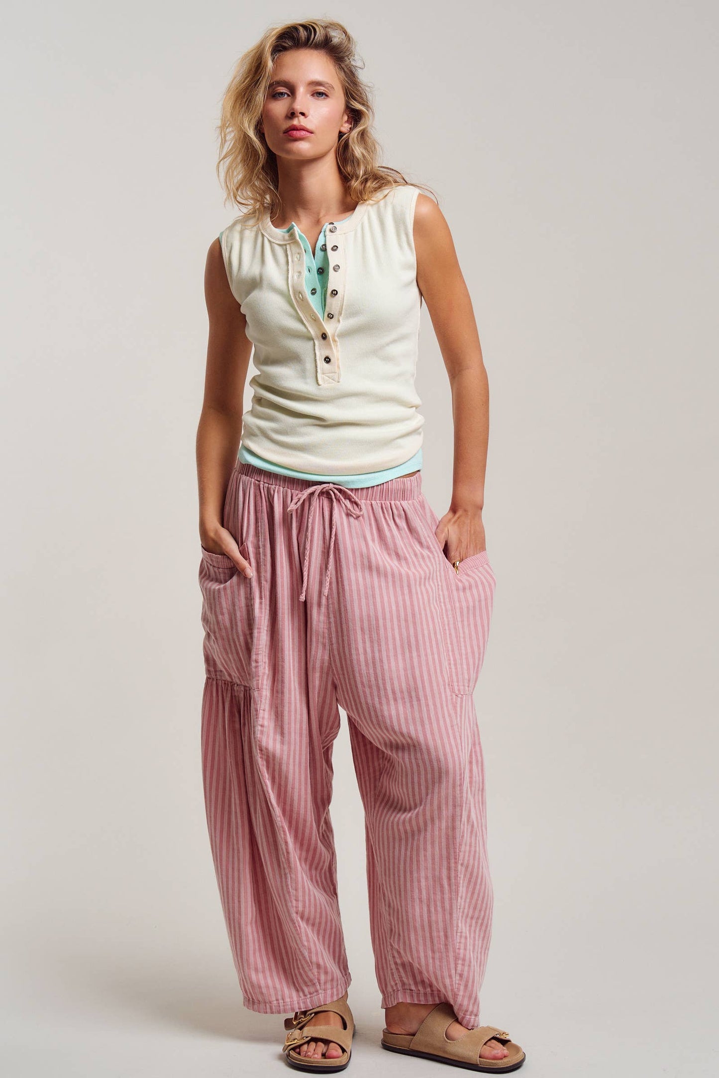 Urban Daizy - Striped Cotton Drawstring Harem Pants
