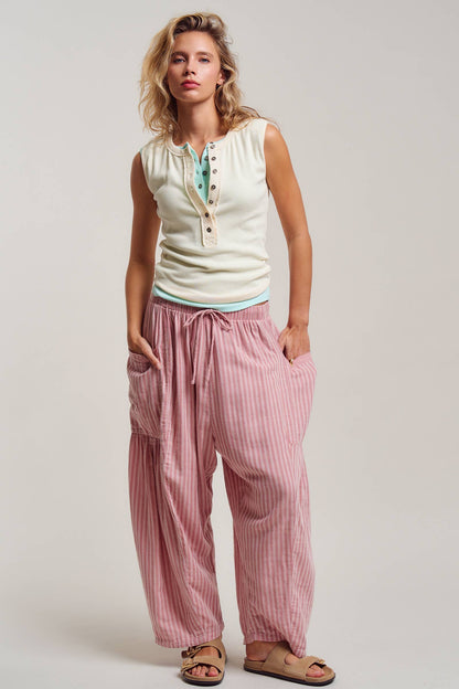 Urban Daizy - Striped Cotton Drawstring Harem Pants