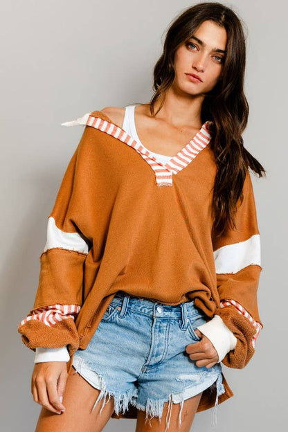 BUCKETLIST - T2004 -French Terry Knit Color-block Collared Loose Fit Top: S-M-L (2-2-2) / PINK/CREAM