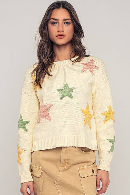 Urban Daizy - Pastel Star Intarsia Knit Boxy Cropped Sweater: IVORY / S/M-3:M/L-3