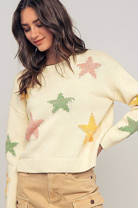 Urban Daizy - Pastel Star Intarsia Knit Boxy Cropped Sweater: IVORY / S/M-3:M/L-3