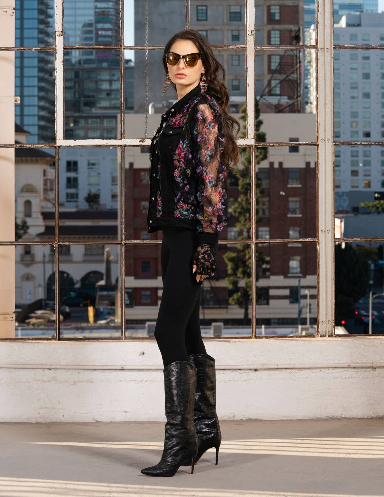 Adore - BA-29 - Denim and Mesh Floral Jacket