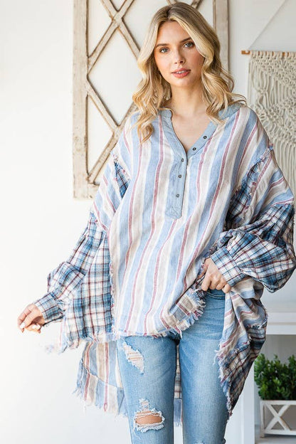 Oli&Hali - MINERAL WASHED FABRIC MIXED HENREY TOP - JT0013: BLUE COMBO / OS
