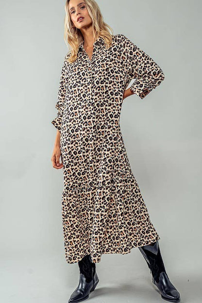 Urban Daizy - LEOPARD PRINT RUFFLE HEM BUTTON MAXI DRESS: LEOPARD / S-2/M-2/L-2