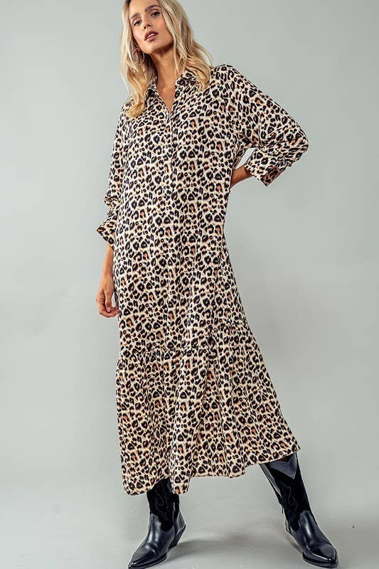Urban Daizy - LEOPARD PRINT RUFFLE HEM BUTTON MAXI DRESS: LEOPARD / S-2/M-2/L-2