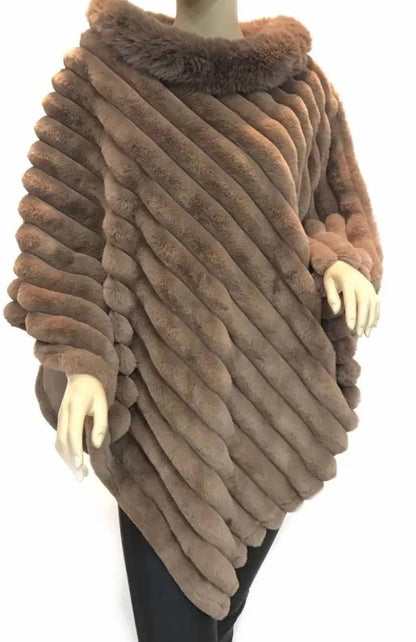 LOOWIE - 068 Luxurious Green Faux Fur Ribbed Poncho with Plush Collar: Navy
