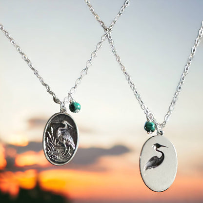 Jackie Gallagher Designs - Handmade Coastal Jewelry - Blue Heron with Malachite Necklace, sterling silver