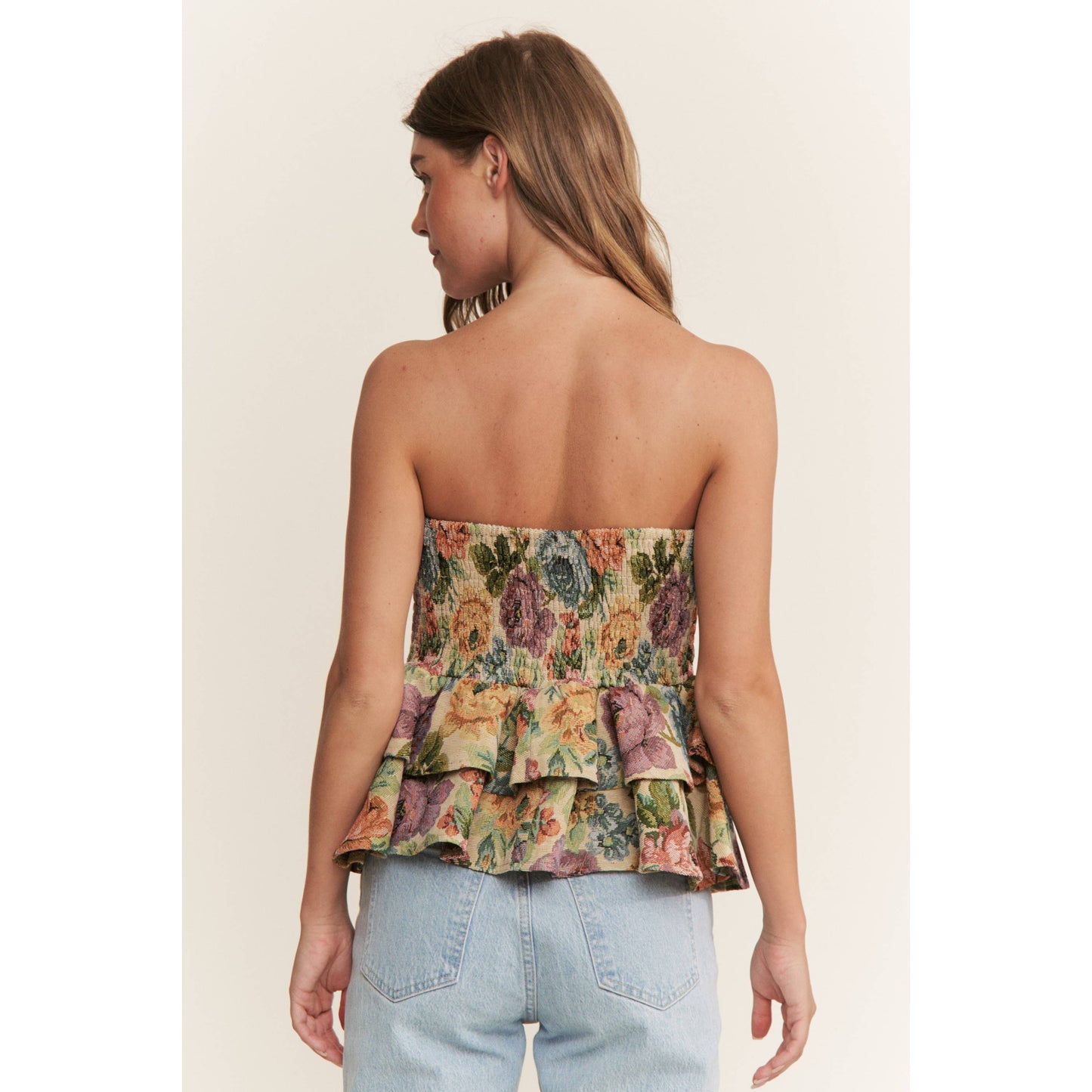 Sweet Generis - VINTAGE FLORAL PRINT WOVEN PEPLUM TIERED TUBE TOP