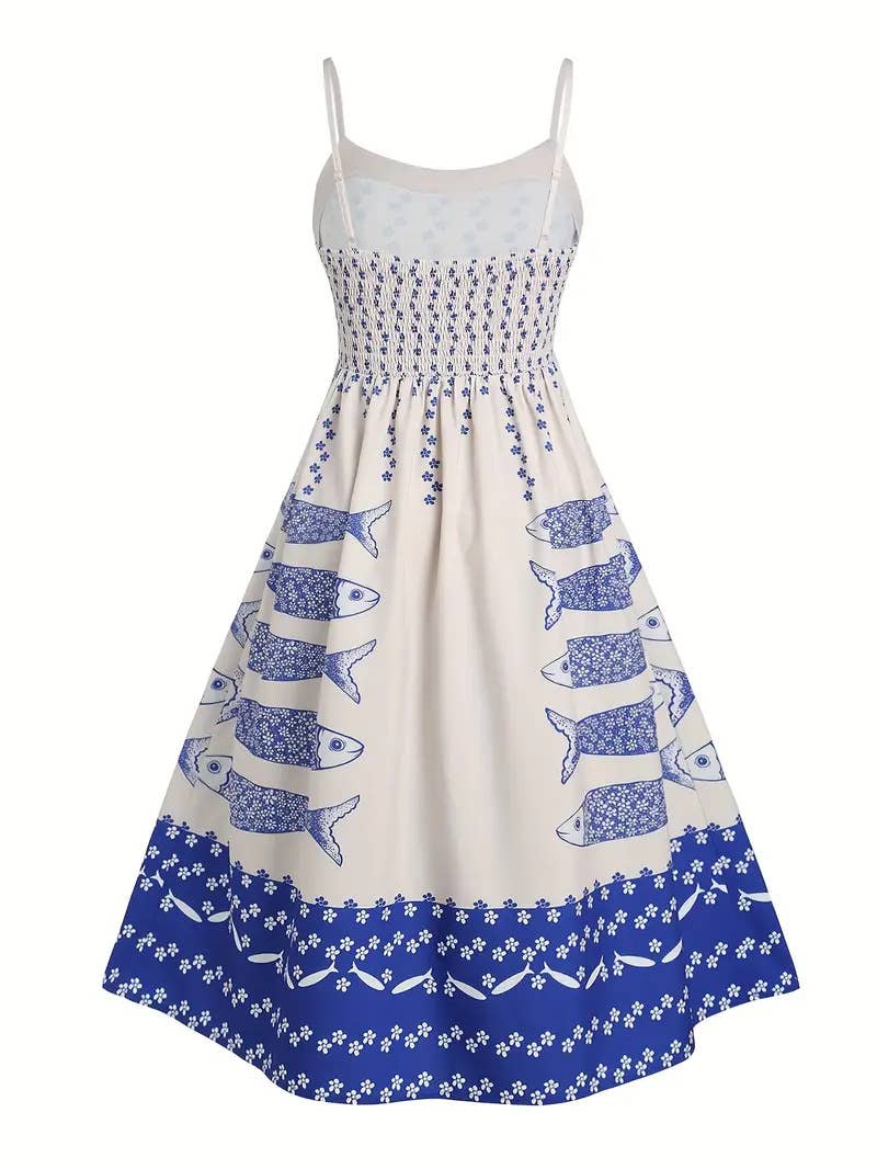 Rosa Clothing - Smocked mackerel print sundress seaside ocean strap dress