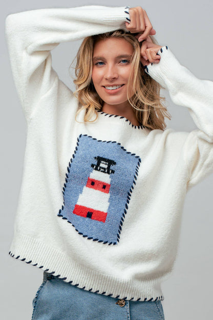 Whipstitch Trim Lighthouse Knit Sweater