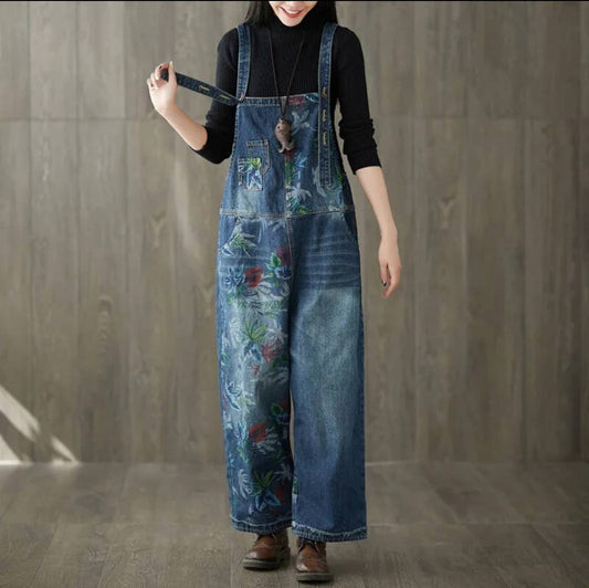 Serenity Collective - Denim Luxury Bleached Floral Denim Overall Jeans