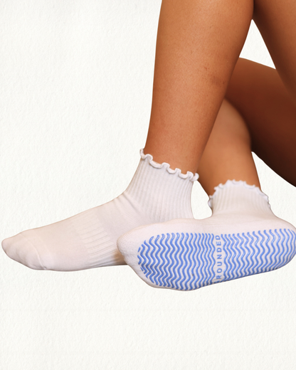 Grounded Grip Socks - White Ruffle Grip Socks, Pilates & Barre Socks
