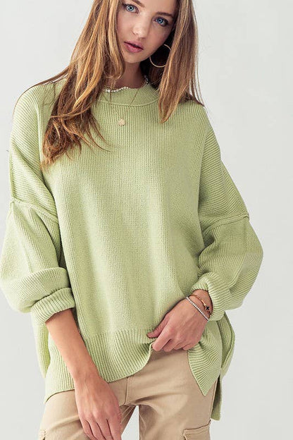 OVERSIZED SIDE SLIT CREW NECK COZY SWEATER: PINEAPPLE / S-2/M-2/L-2
