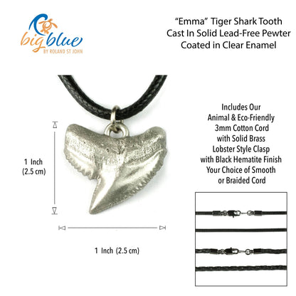 Big Blue by Roland St John - Shark Tooth Necklace with Pewter Pendant, Shark Gifts