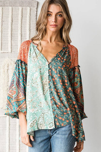 Oli&Hali - BUTTON FRONT PRINT MIXED BLOUSE - JT0191: PINK / L