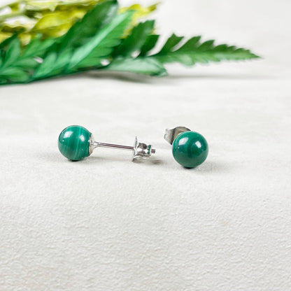Ewelina Pas Jewelry - Silver 6mm Malachite Orb Stud Earrings