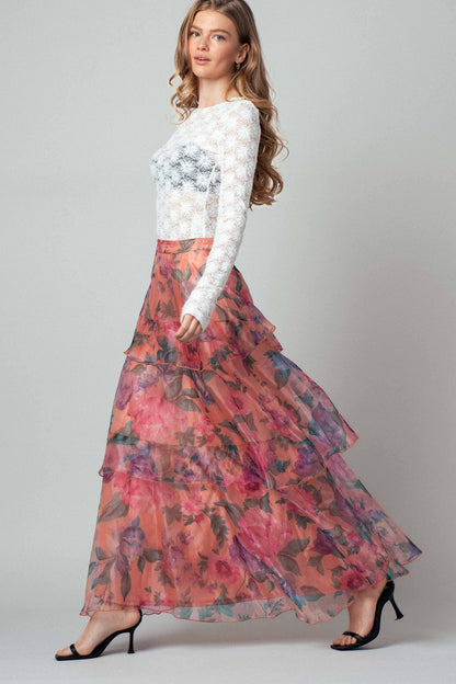 Sheer Floral Print Tiered Organza Maxi Skirt