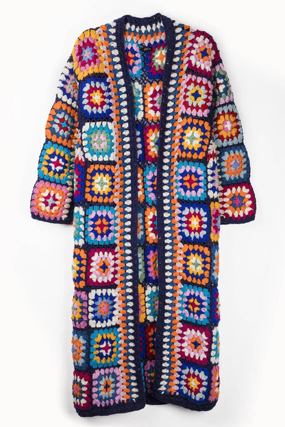 SAACHI - Woolen Granny Square Crochet Kimono: Navy