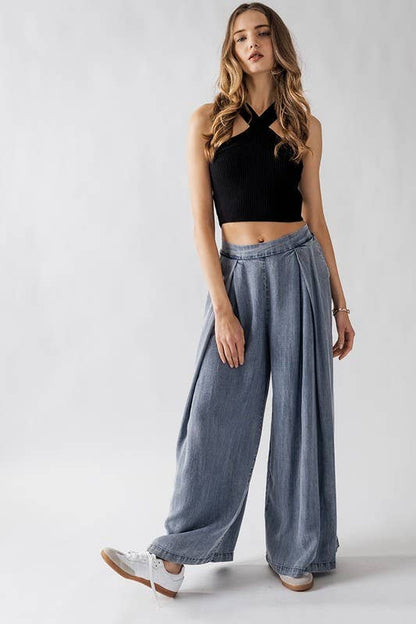 Urban Daizy - HIGH WAISTED PLEAT FRONT WIDE LEG PANTS: YELLOW / S-2/M-2/L-2