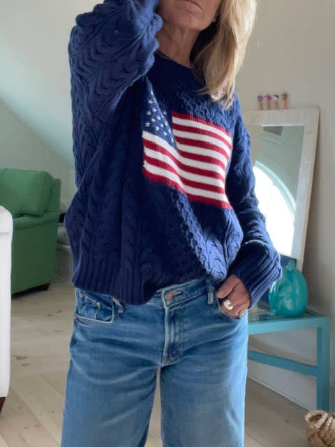 Pink Pineapple - Cotton Flag Aran Knit Sweater in NAVY