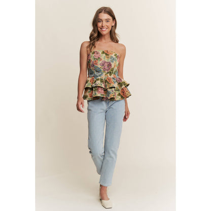 Sweet Generis - VINTAGE FLORAL PRINT WOVEN PEPLUM TIERED TUBE TOP