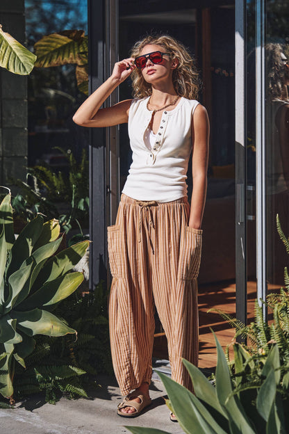 Urban Daizy - Striped Cotton Drawstring Harem Pants