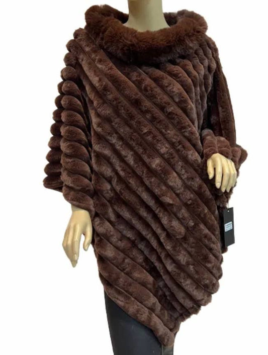 LOOWIE - 068 Luxurious Green Faux Fur Ribbed Poncho with Plush Collar: Choco