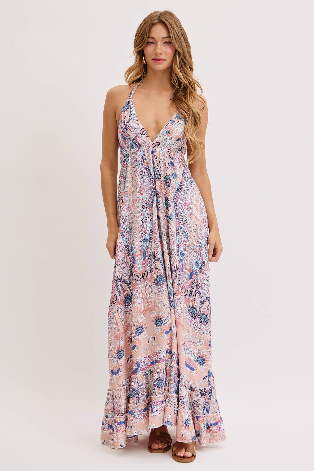 Sweet Lovely by Jen - BOHEMIAN FLORAL PRINT HALTER FLORAL  MAXI DRESS